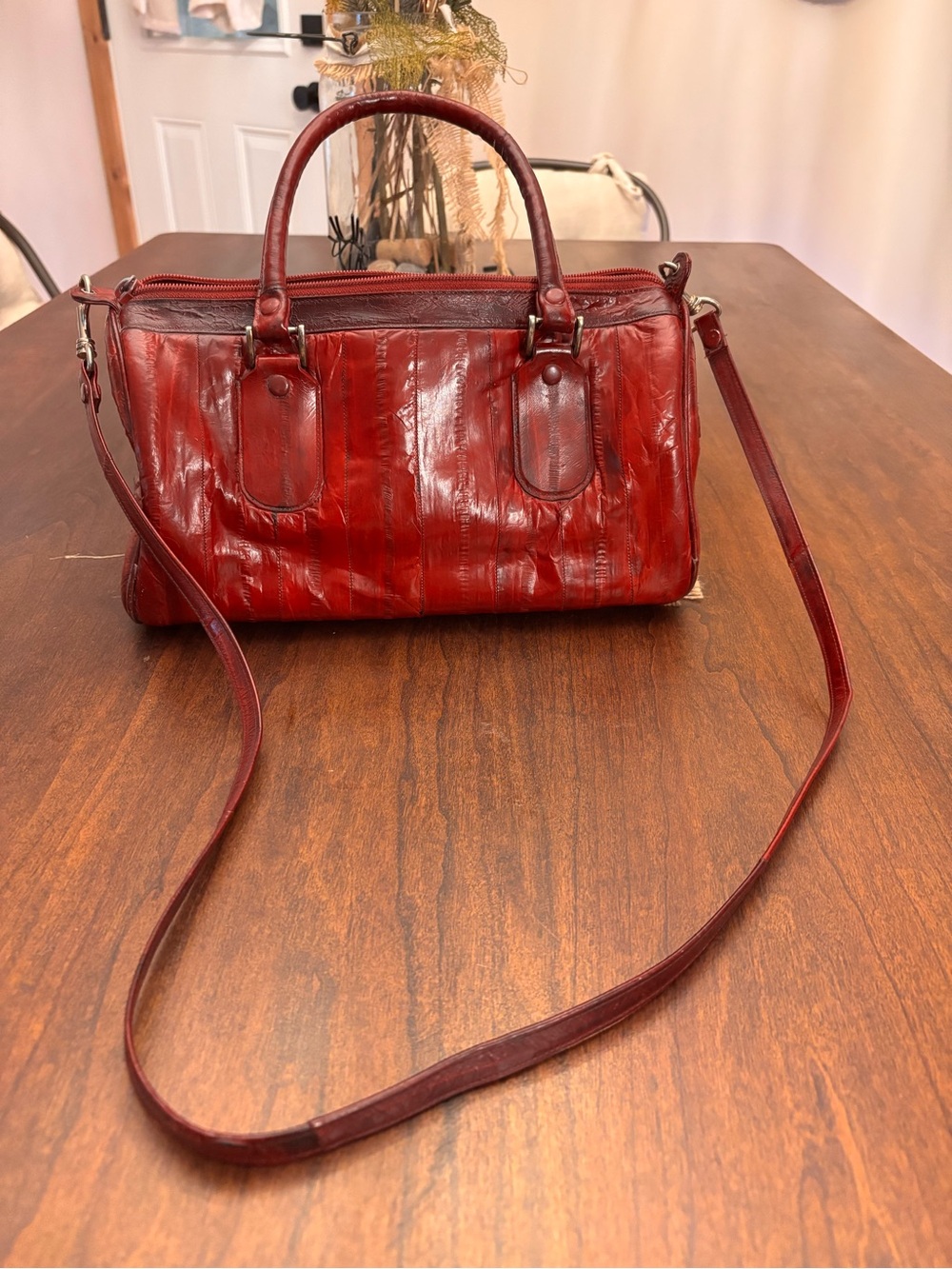 Vintage Red eel skin Boston speedy bag with Removable Strap